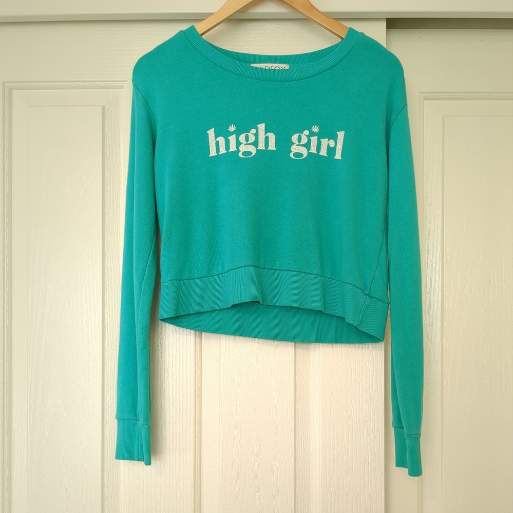 WILDFOX Green Long Sleeve High Girl Crop Tee Shirt Top 100% Cotton Small